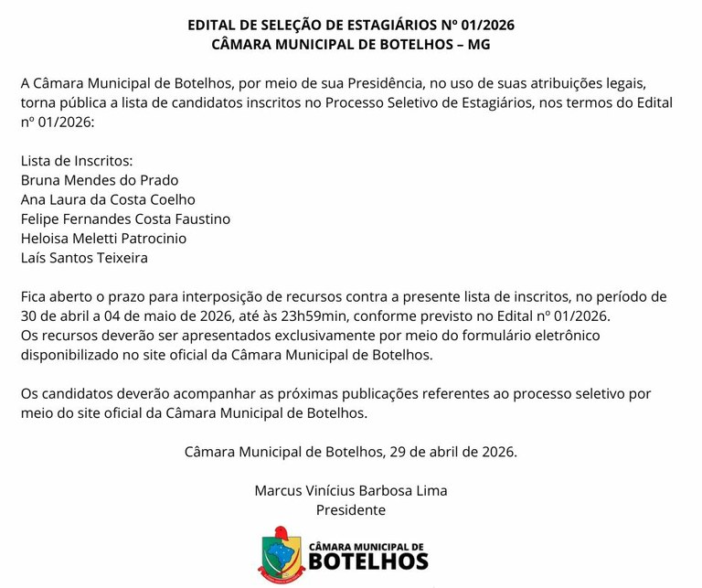 Lista dos inscritos no processo seletivo de Estagiários