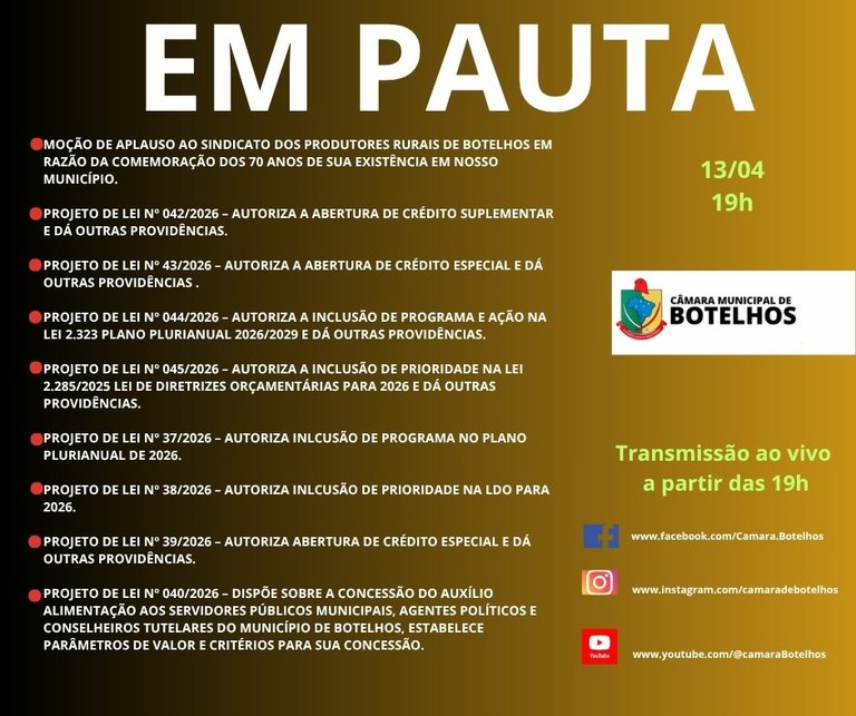 Pauta da sessão ordinária de 13 de abril de 2026