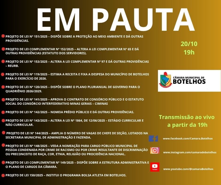 Pauta da sessão ordinária de 20 de outubro de 2025